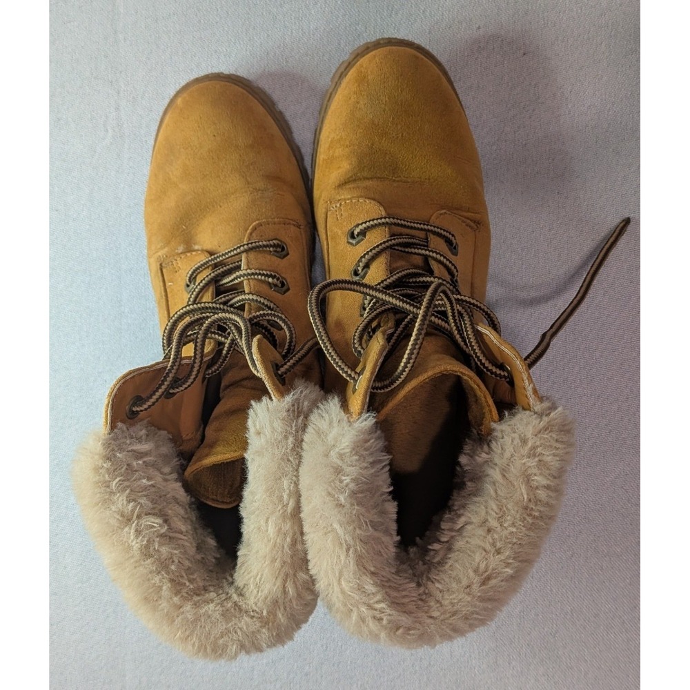 Frannkie Combat Boots Women Size 7 Mustard Yellow Good Faux Fur Trim Lace Up